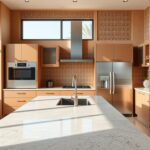 Cuisine moderne et élégante, avec un grand îlot central et des armoires sans poignées