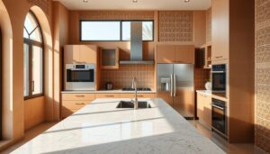 Cuisine moderne et élégante, avec un grand îlot central et des armoires sans poignées