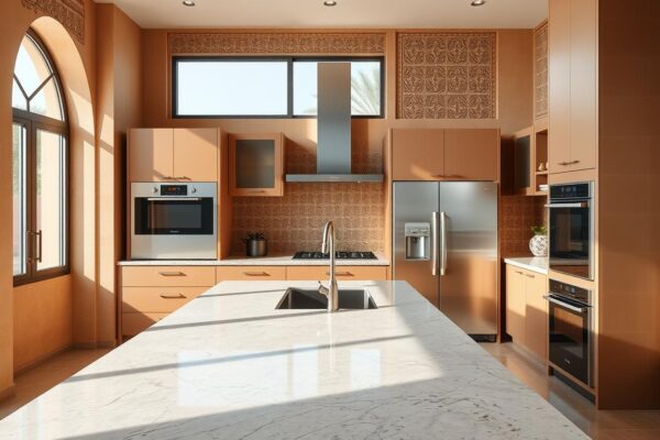 Cuisine moderne et élégante, avec un grand îlot central et des armoires sans poignées