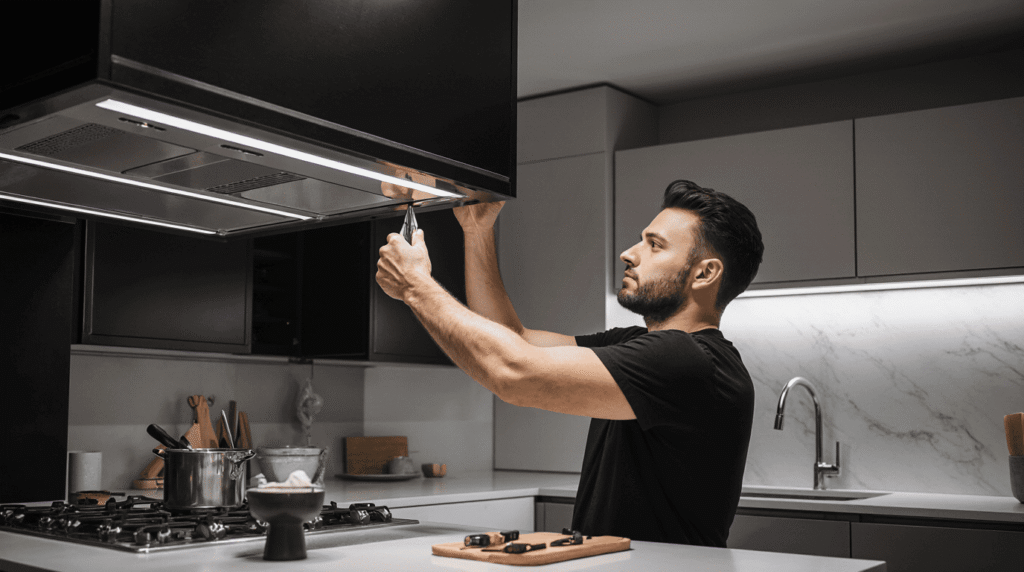 Une scene montrant un installateur de cuisine professionnel